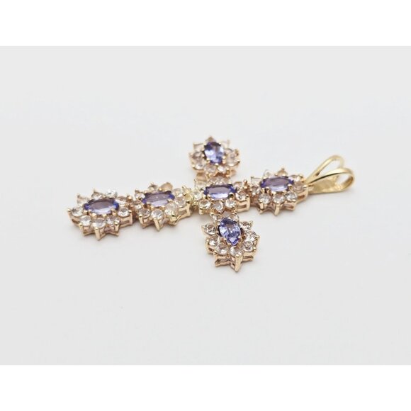 Unique 10K Karat Solid Yellow Gold Religious Tanzanite & CZ Cross Pendant Charm - Picture 6 of 13